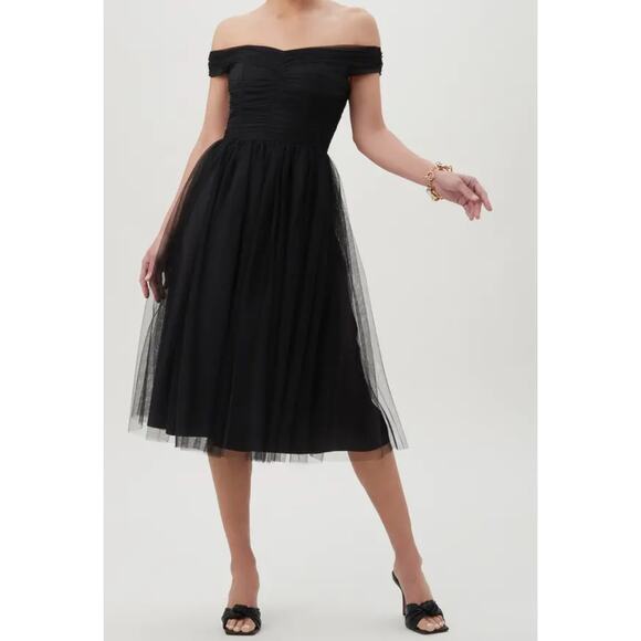 Trina Turk Renai Off the Shoulder Black Tulle Fit & Flare Mini Dress Size 8 - Picture 1 of 11